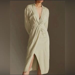 Anthropologie Graziella Twist-Waist Long Sleeve Shirt Dress 0 Light Green‎ Khaki